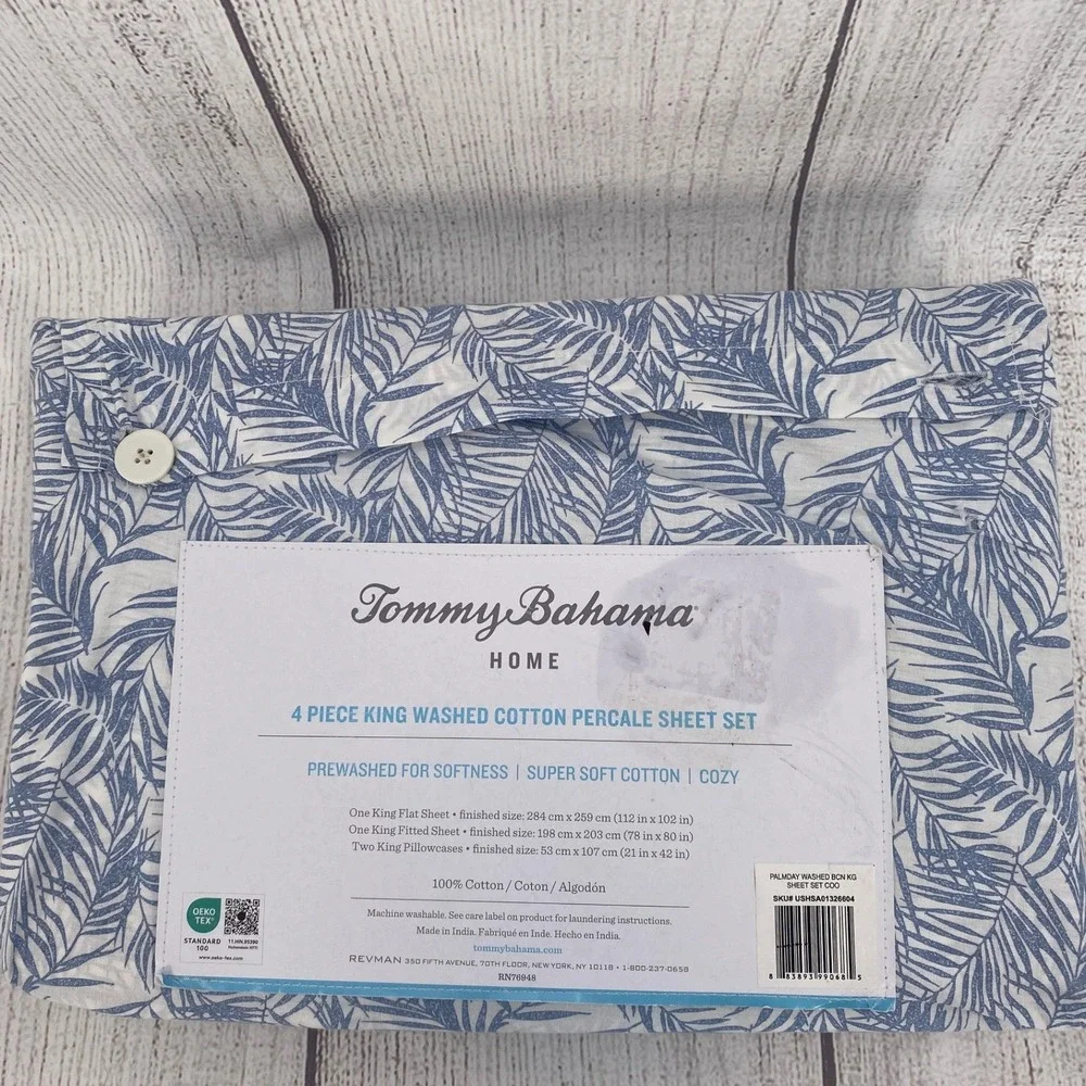 Tommy Bahama Sheet Set KING Blue Washed 100% Cotton Percale Tropical Palm Leaf
